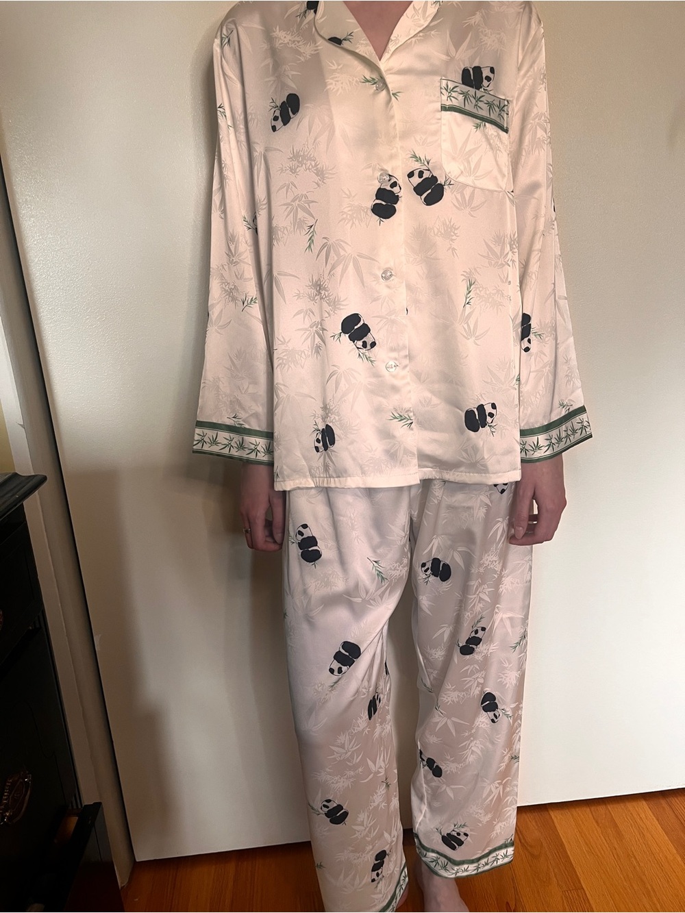 Women’s Satin Panda Print Pajama Set - White with Green Trim